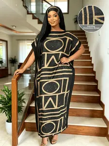Plus Size Women's Black Gold Geometric Rhinestone Print Maxi Kaftan Dress with Matching Headwrap 2 Piece Set, Lightweight Breathable Pleated Loose Batwing Casual Long Dress, Luxury Party Resort Loungewear Cover Up for Curvy Ladies
