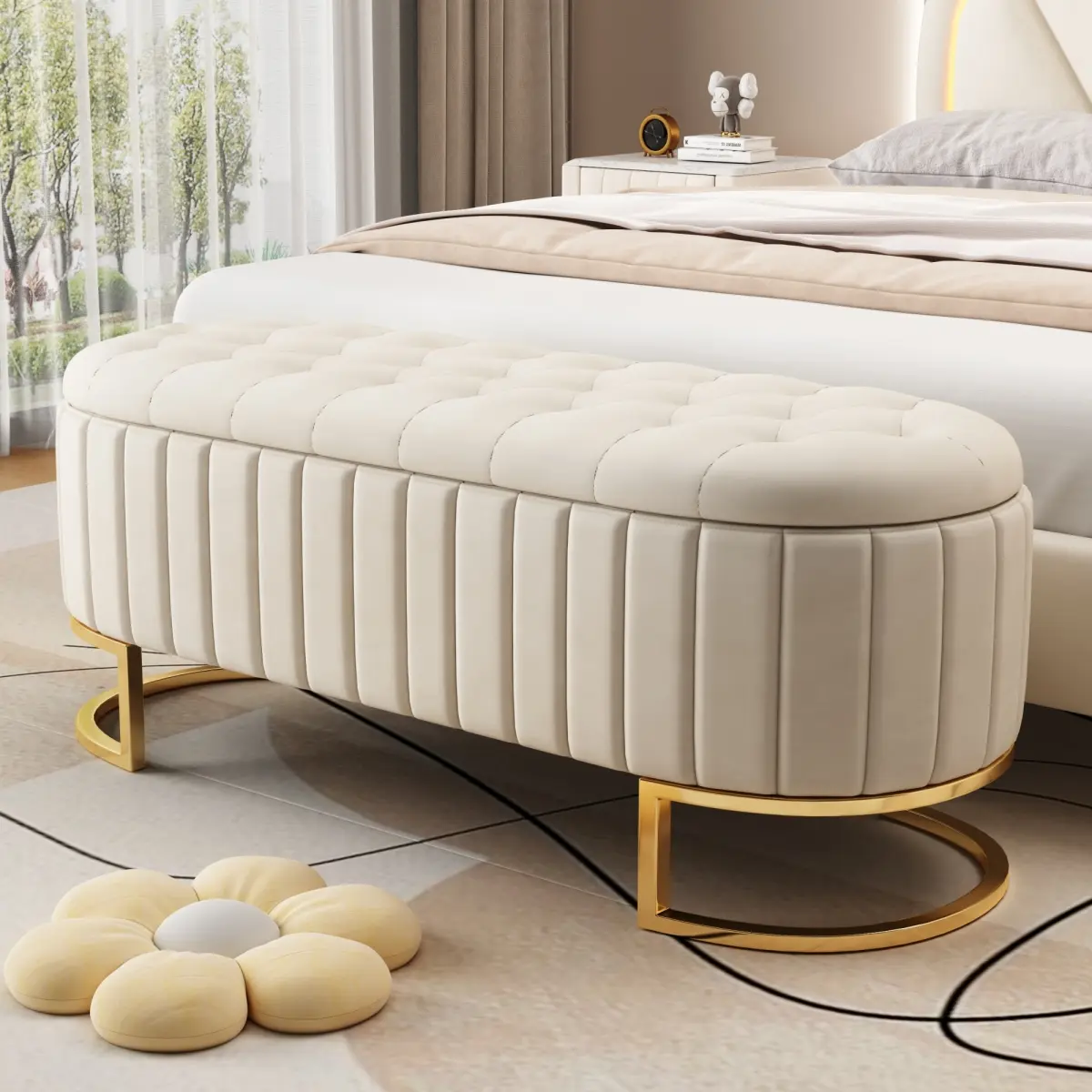 Elegant Upholstered Velvet Storage Ottoman with Button-Tufted,Storage Bench with Metal Legs for Bedroom,Living Room,Fully Assembled Except Legs,Beige/Pink