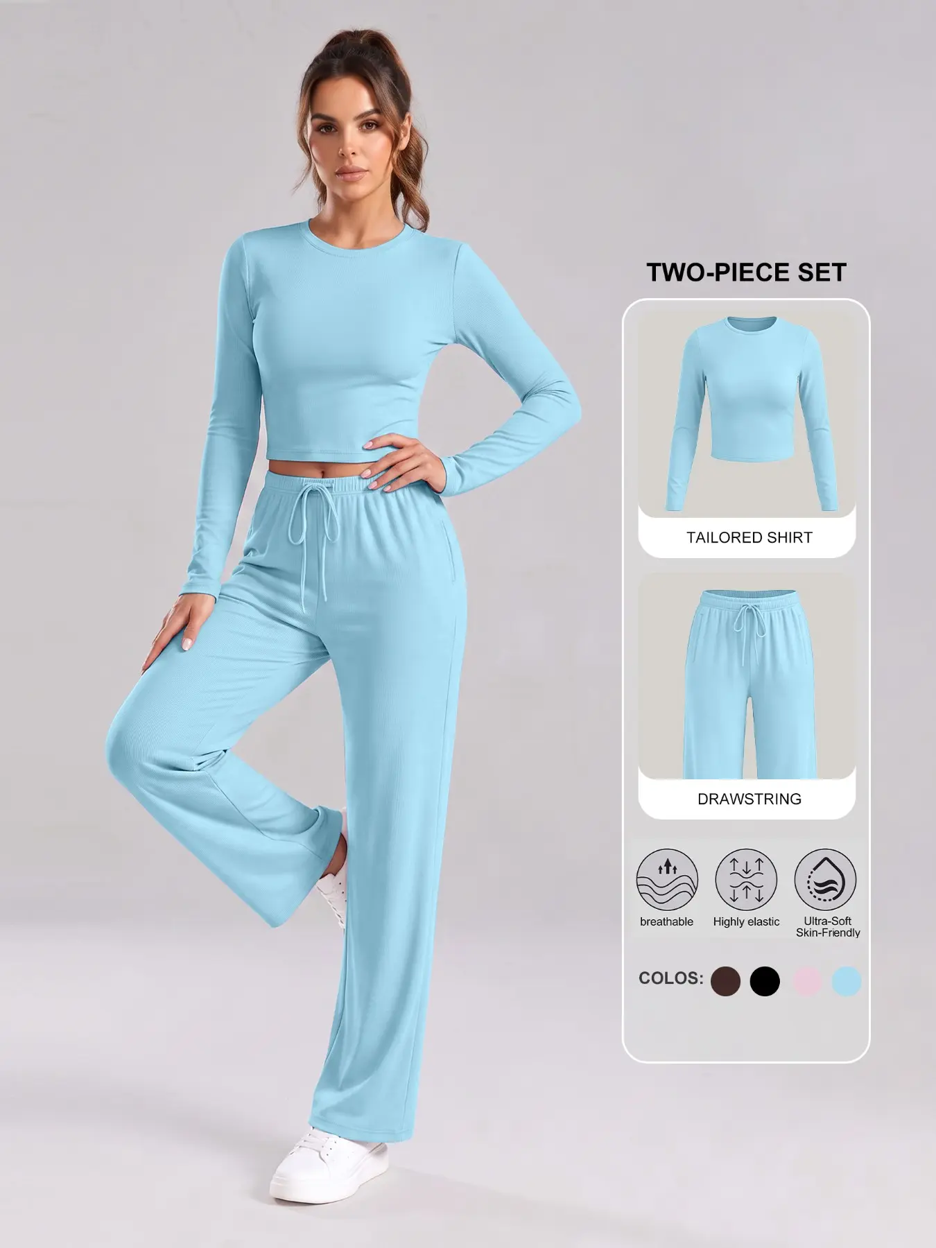 Women Soft Stretch Activewear Set 2 Piece Workout Outfit, Long Sleeve Shirt & High Waist Leggings Pants, Yoga Pilates Gym Fitness Suit, Casual Lounge Wear Fall Winter Sportswear
