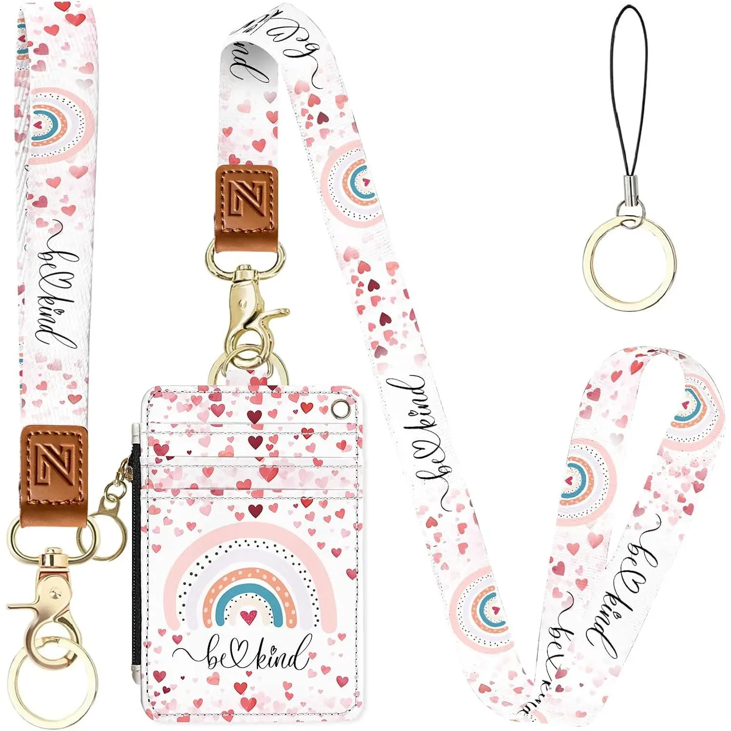 Rainbow Be Kind 2-in-1 ID Badge Holder & Lanyard Wallet for Teachers,Nurse,Professionals-Cute Zippered  Pouch,Removable Wristlet &  Lanyard,5 Card Slots Stylish Work Essential
