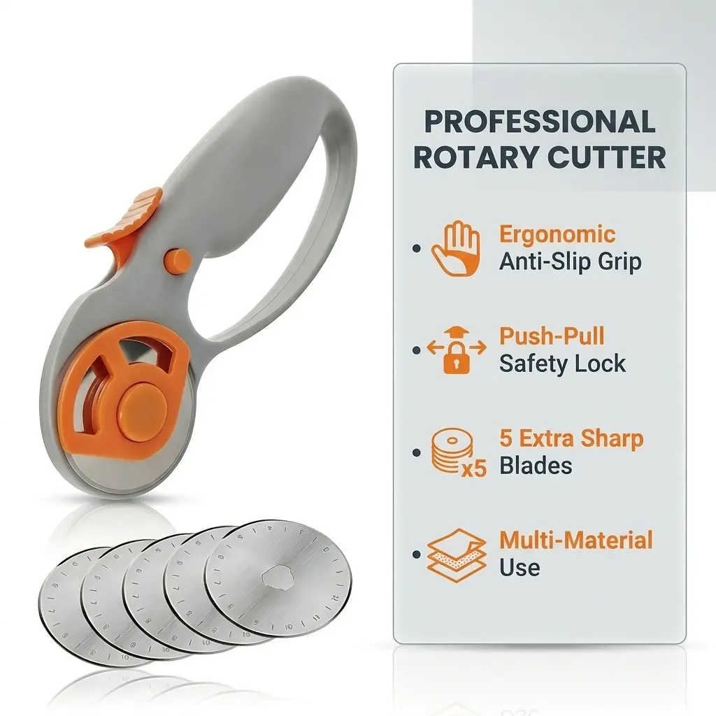 45mm Rotary Cutter with 5 Replacement Blades, Ergonomic Handle, Safety Lock, Precision Cutting for Fabric, Leather, DIY, Sewing, Quilting
