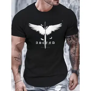 Casual Streetwear Style, Men's T-Shirt, White Winged Sword Ascend Graphic Print, Summer Daily Wear Gym Workout, Gift For Boyfriend Husband Brother Friend