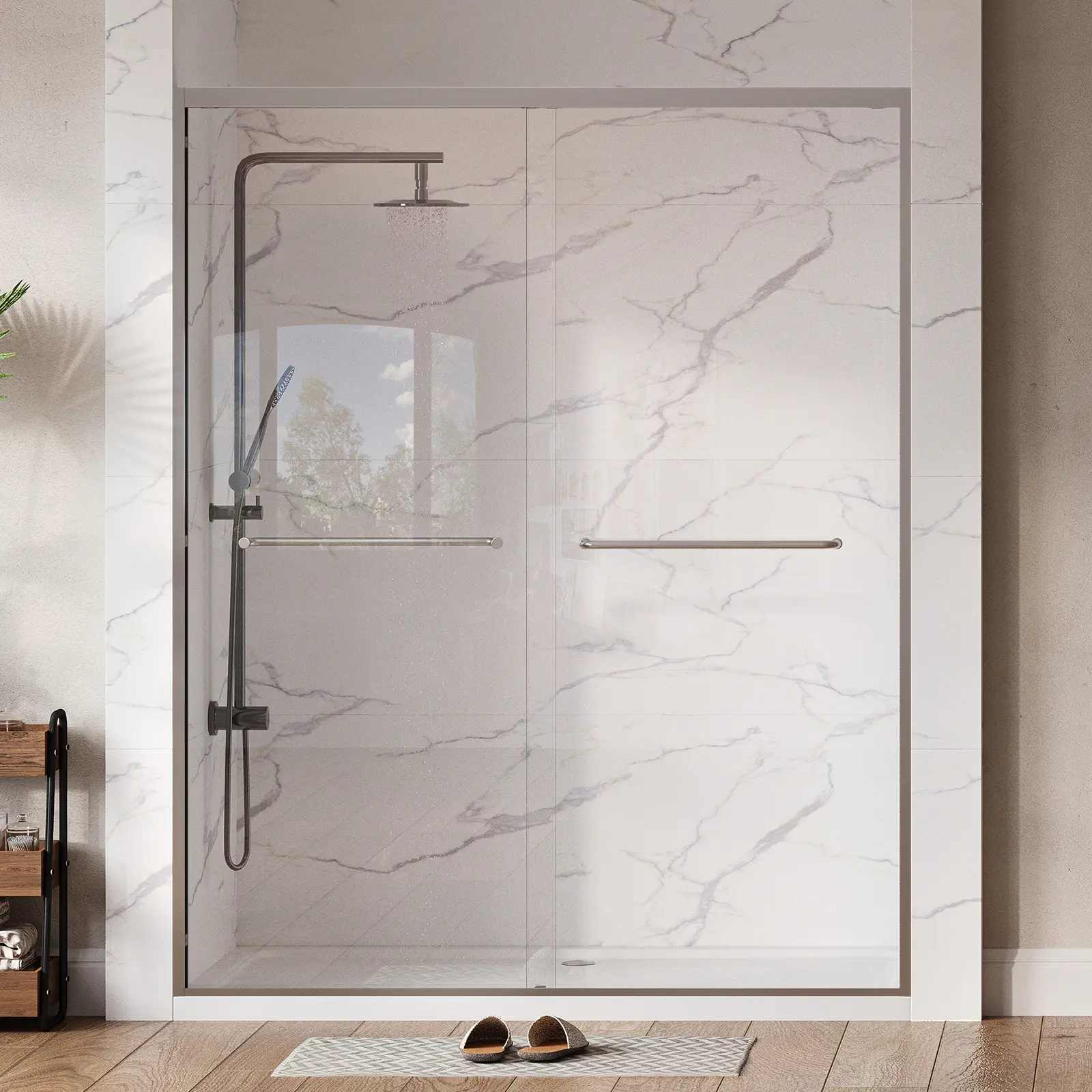 Double Bypass Sliding Shower Door – Matte Black & Matte Silver, 1/4" Tempered Glass, Trimmable Width 43-60" x 72-76", Easy Clean Coating, Perfect for Modern Bathrooms