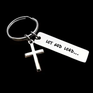 Engraved Cross Inspirational Stainless Steel Keychain, "Let God Lead" Christian Faith Charm, Baptism & Confirmation Religious Gift