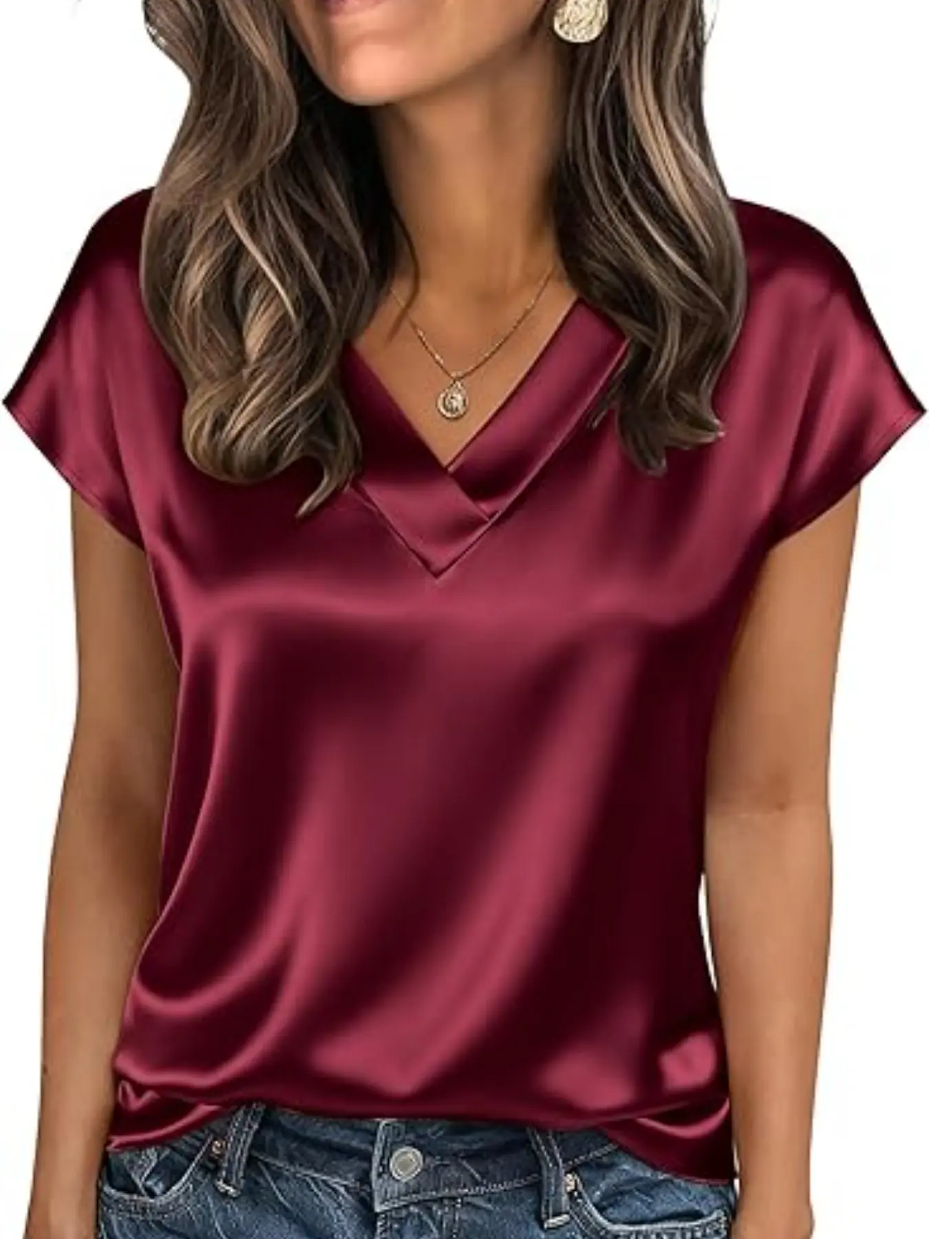 Women's Solid V-Neck Cover Shoulder Short Sleeve Top, Elegant Commuter Date Daily Basic Shirt, Stylish Casual Wear for All Seasons