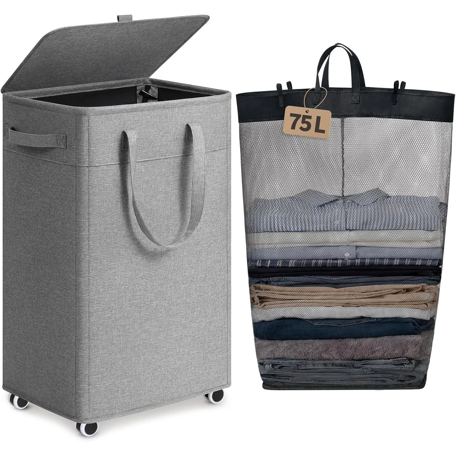 75L Light Grey Rectangular Collapsible Basket for Dirty Clothes - Rolling Laundry Organizer with Wheels, Lid, Fabric Cover, Removable Bag, Handles - Home Storage Bin for Bathroom, Dorm
