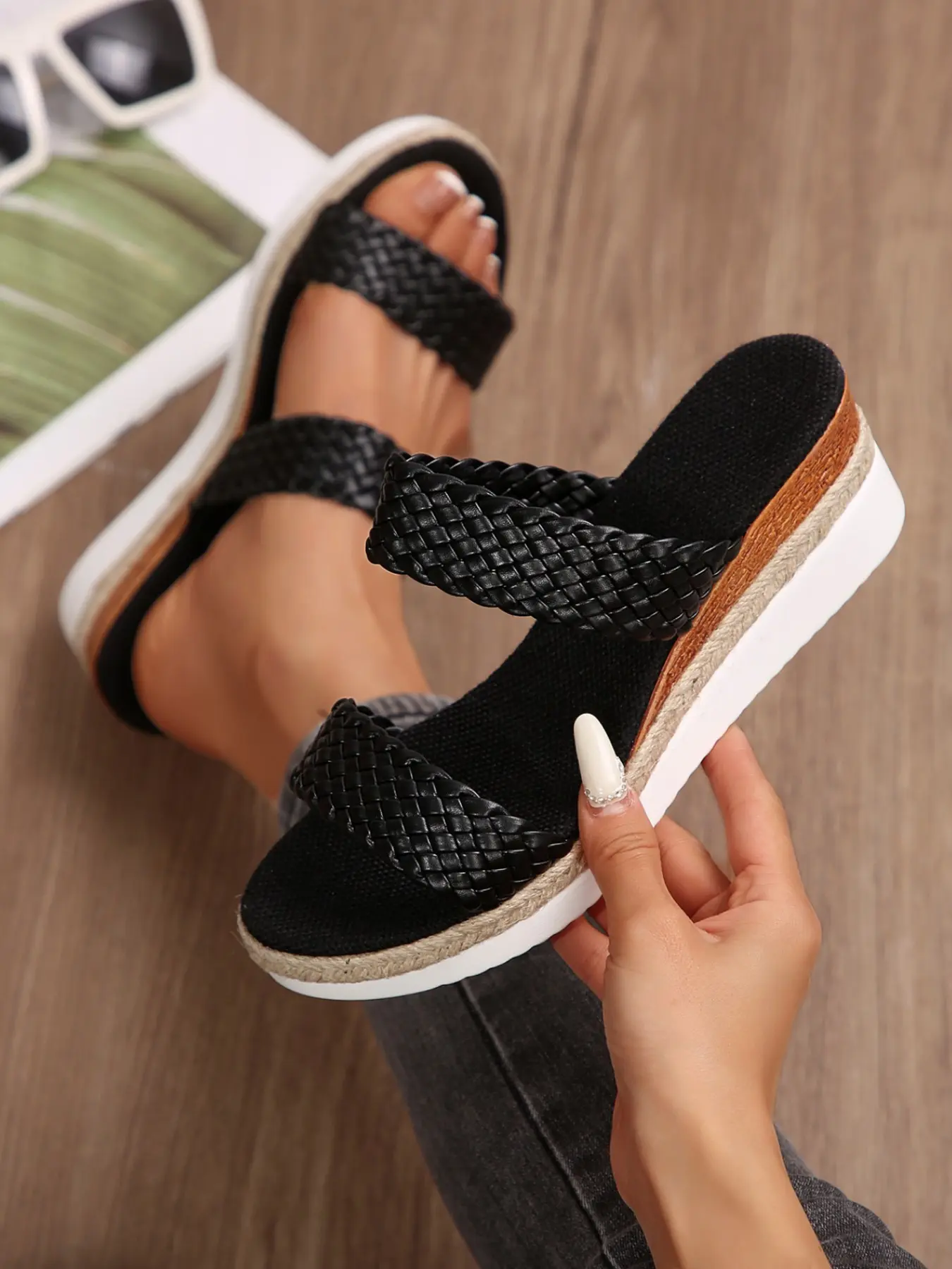 Cream Handmade Braided Sandals for Women, PU Leather, Rubber Sole, Gradual Heel, Summer Beach Home Shoes, Lazy Style