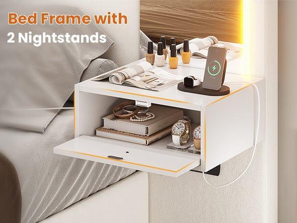 Sikaic PU Leather Upholstered LED Bed Frame with 2 Nightstands White Platform Bedframe Furniture Bedroom Diamond Tufted Headboard & RGB LED Light Strip