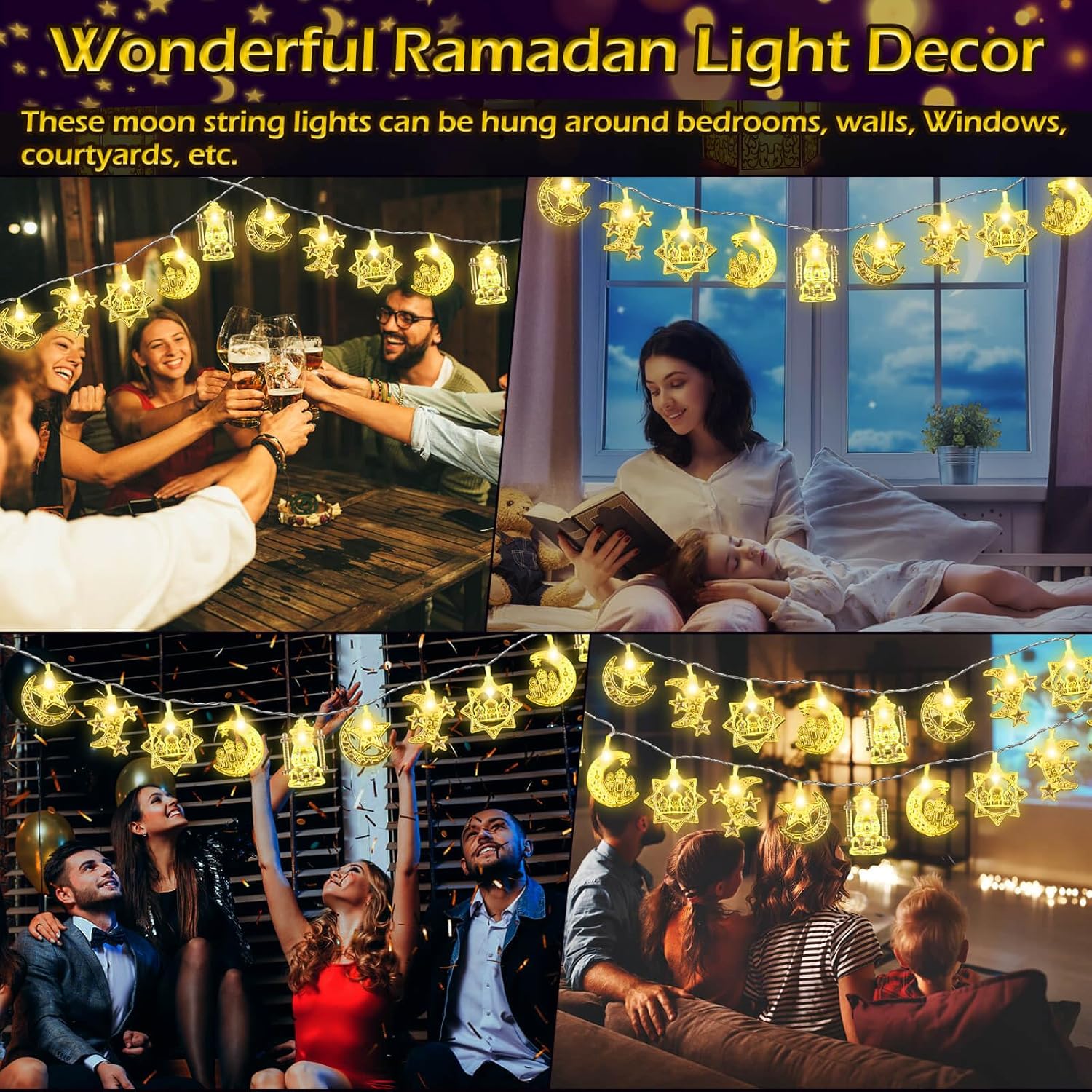 Ramadan String Light, USB Powered Moon Star String Light, Glowing Led Lights, Led Lantern, Eid Decoration Light, Decorative Light for Home Party Wedding Festival, Ornaments
