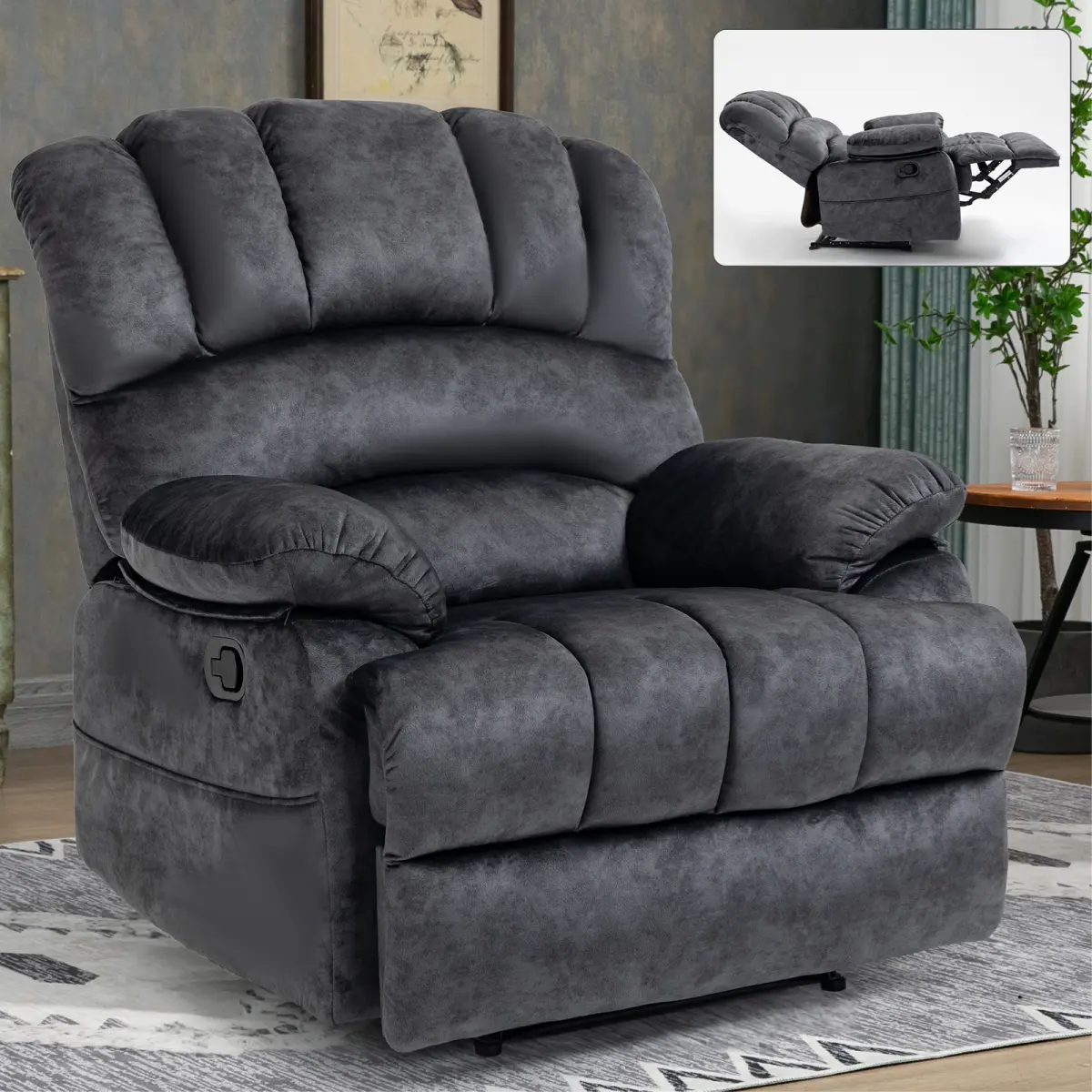 Large Manual Recliner Chair, Soft Fabric Push Back Recliner with Overstuffed Armrest and Backrest, Living Room Single Sofa Recliners,Grey