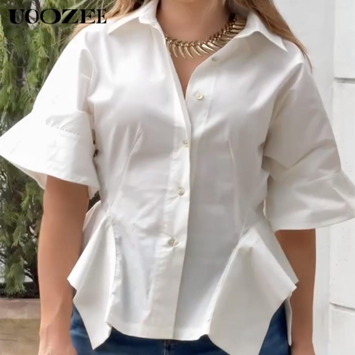 UOOZEE Women's New Summer Solid White 100% Cotton Lapel Collar Half Sleeve Sheer T-shirt, Waisted Irregular Ruffle Hem Loose Fit Buttoned Summer Blouse(One Size Up Recommended for C - Cup and Above) UOOZEE Women's New Summer Solid White 100% Cotton Lapel Collar Half Sleeve Sheer T-shirt, Waisted Irregular Ruffle Hem Loose Fit Buttoned Summer Blouse(One Size Up Recommended for C - Cup and Above)