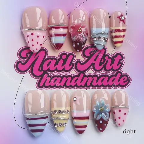 Almond Shape Press-On Nails, 10pcs Y2K Style, Handmade, XS-S-M-L Sizes, Perfect for Parties, Includes Jelly Glue, Crystal Stick, File