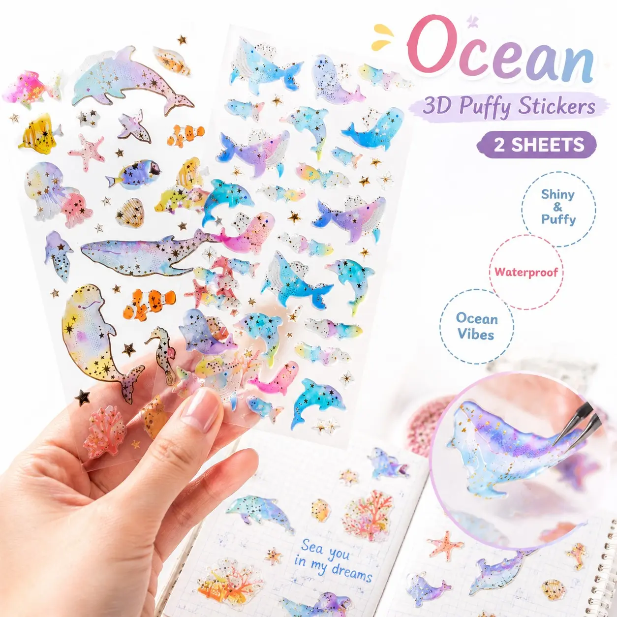 3D Puffy Ocean Stickers 2 Sheets, Cute Whale Dolphin Sea Animal, Waterproof Sticker Pack for Scrapbook Journal DIY Crafts