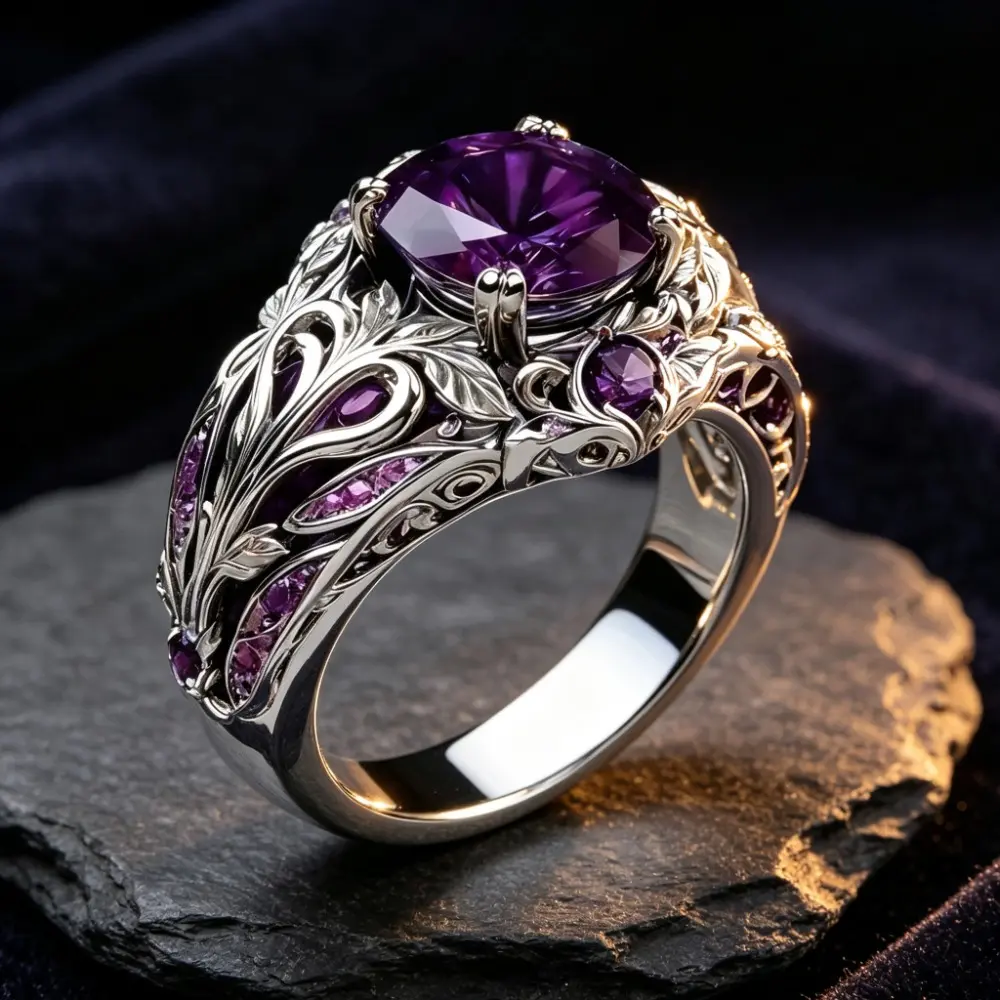 Vintage Vintage Vine Amethyst Ring: Women's Openwork Carved Colorful Gemstone Ring