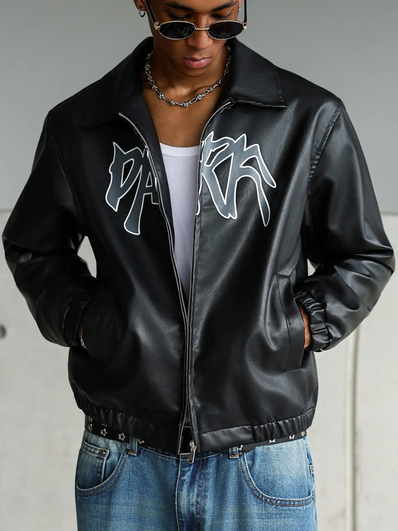 Men's Spring & Fall Motorcycle Jacket, Casual Jackets, Long Sleeve Slim-Fit Ditsy Floral Print, Fashionable Retro Leather Coat, Casual Sportswear
