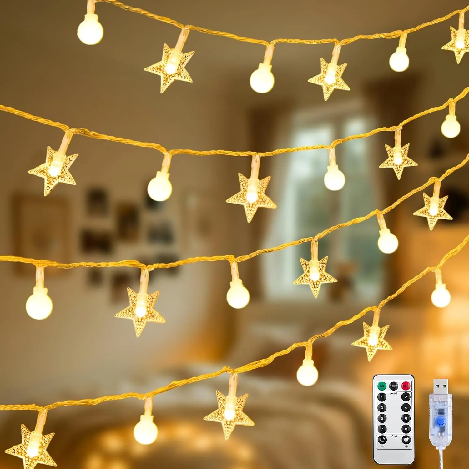 100 LED Globe Star String Lights, 33 FT Globe String Lights Indoor USB Plug in, Warm White Star Fairy Lights for Bedroom Classroom Dorm Indoor DecorGift.