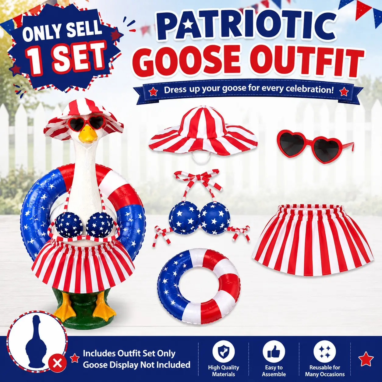 1 PC Patriotic Goose Outfit for 23 Inch Porch Goose, 4th Of July Bikini Costume With Striped Hat, Sunglasses and Inflatable Swim Ring for Festive Decoration Garden Patio Yard Decor Set