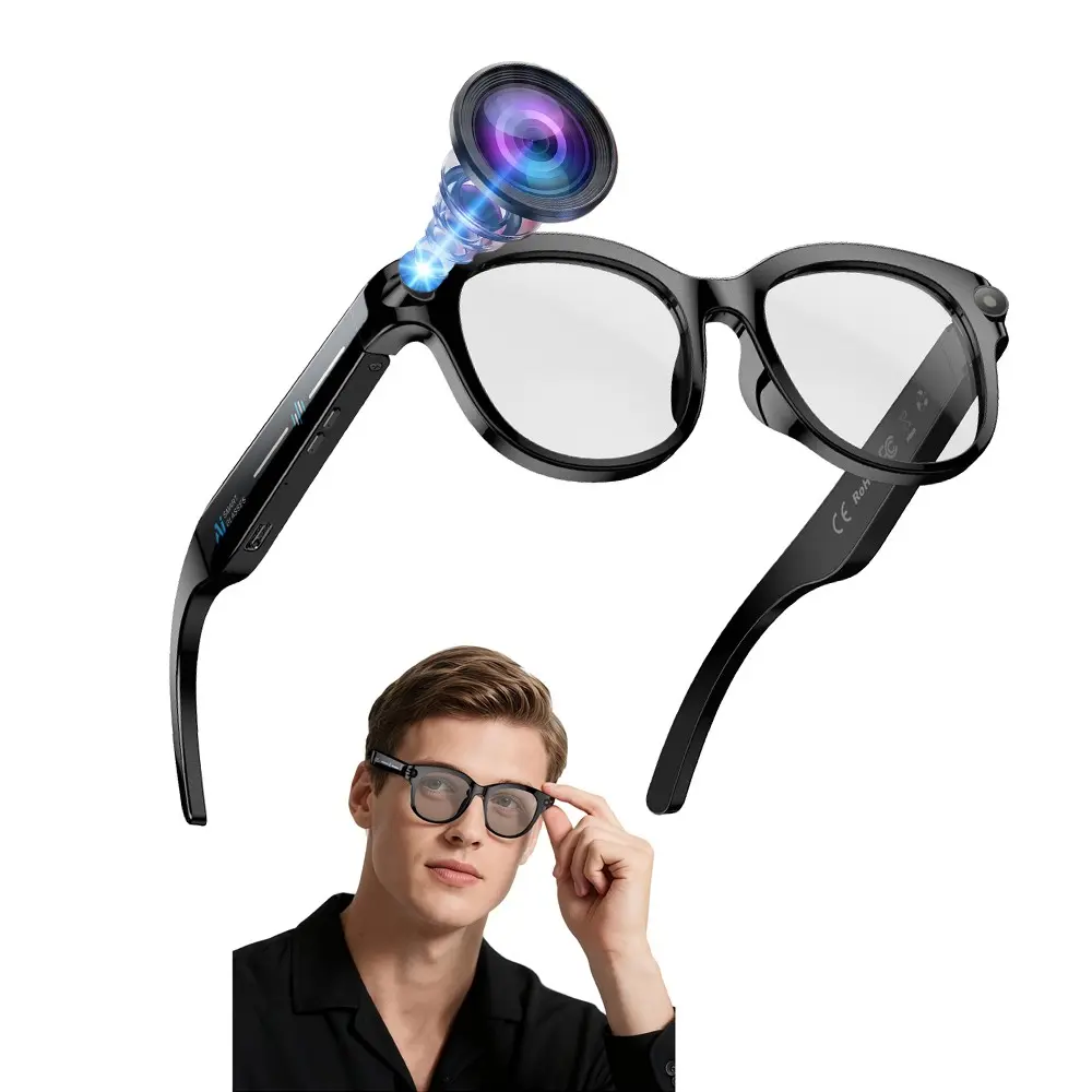 Smart Glasses with Camera for Women, Wearable, 2MP Anti-Shake Camera, Hands-free Video Recording, 39g Lightweight, 290Mah Battery, AI Real-Time Translation, Bluetooth Calling, Music Playback, 2 Lenses (Transparent + White) Compatible with Android IOS