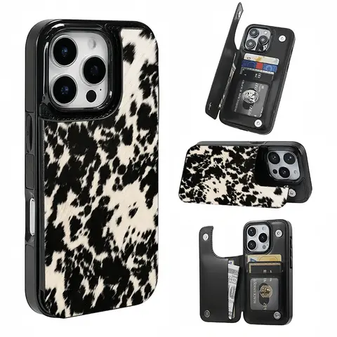 Black and White Cow Print Card Holder Phone Case - Women's Smartphone Protection Cover, Cellphone Accessory with Card Slot, Multi-Size for iPhone 18 Pro Max, 17-12 Models, Ideal Gift