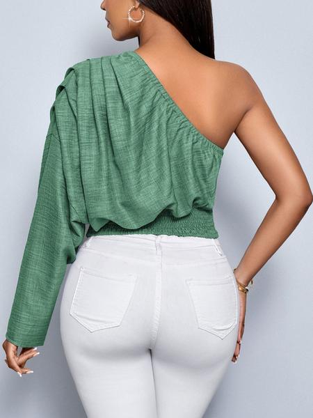 Aliling Sexy Elegant Women's One-Shoulder Long Sleeve Shirt Crop Top Slim-Fit Woven Fabric Casual Fashion for Spring or Summer