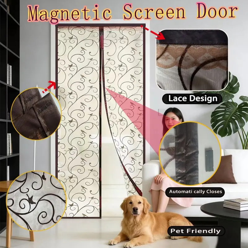 Magnetic Lace Door with Vine Bird Pattern, European Vintage Floral Style, Pet-Friendly Screen Curtain, Mosquito Proof, Home Use