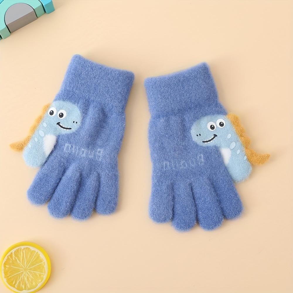 1 Pair of Youngsters's Gloves, Autumn and Winter Warm Plush Five-Finger Cute Cartoon Dinosaur Knitted Mittens for Boys & Girls, 3-7 Years Old