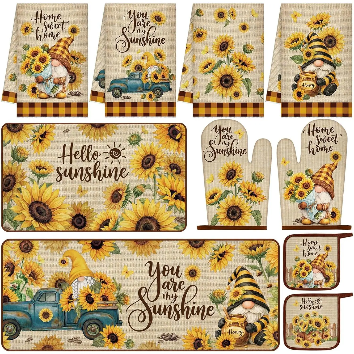 HunnmingRe 10 Pcs Summer Sunflower Kitchen Decor and Accessories Set Farmhouse Sunflower Gnome Kitchen Rug, Dish Towels, Oven Mitts and Pot Holders for Women Mom Gift Cooking Baking Grilling Decor
