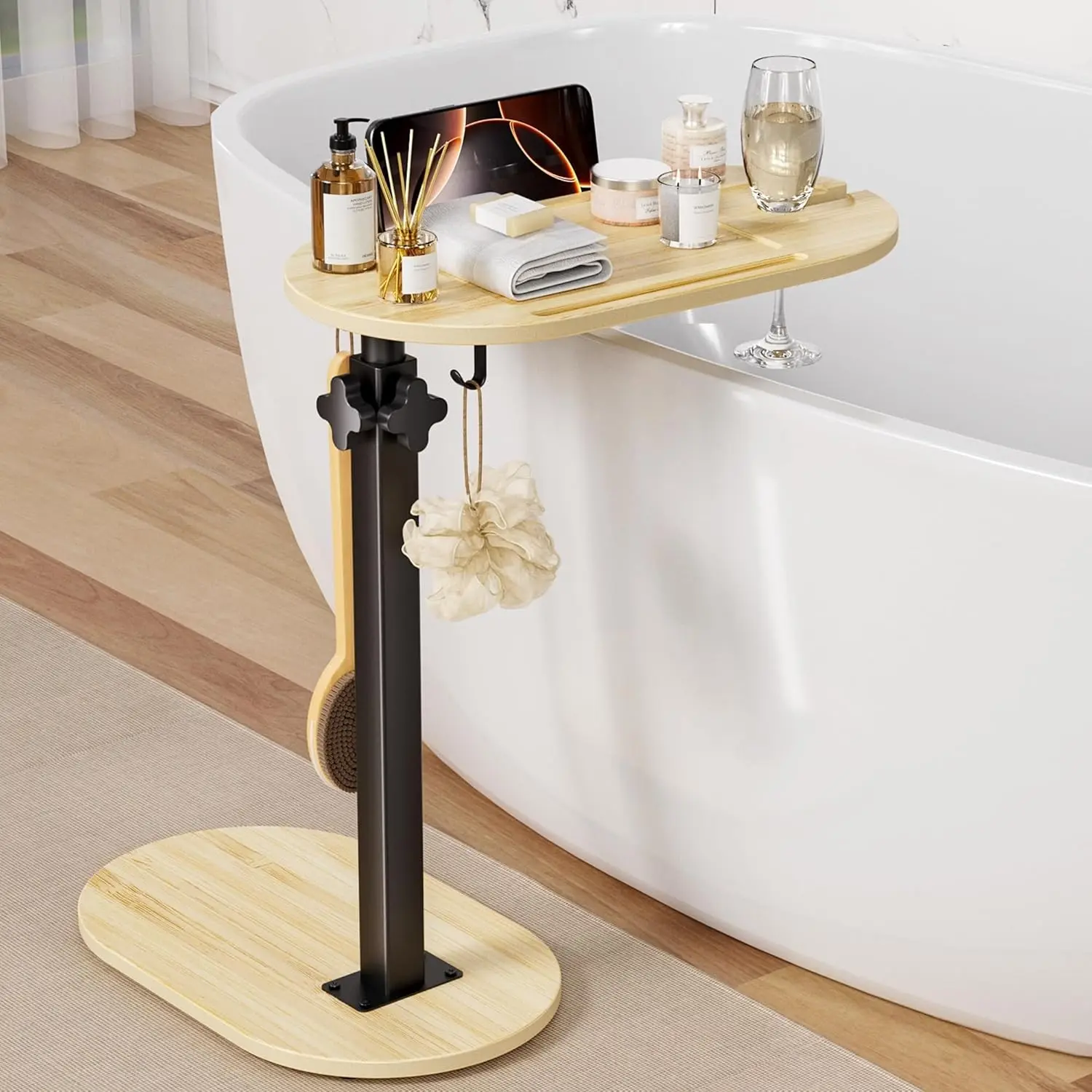 Bamboo Bathtub Table with Adjustable Height Freestanding Bath Tray Caddy Board Tub Organizer Great House Warming New Home Anniversary Wedding Bridal Shower Gift for Women