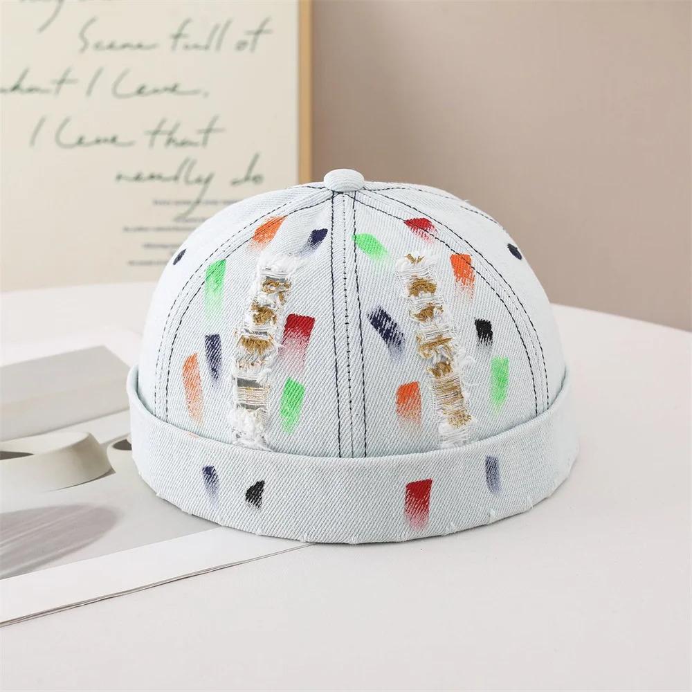 Vintage Distressed Denim Docker Cap for Men Women Retro Washed Miki Hat with Colorful Graffiti Print Streetwear Brimless Beanie