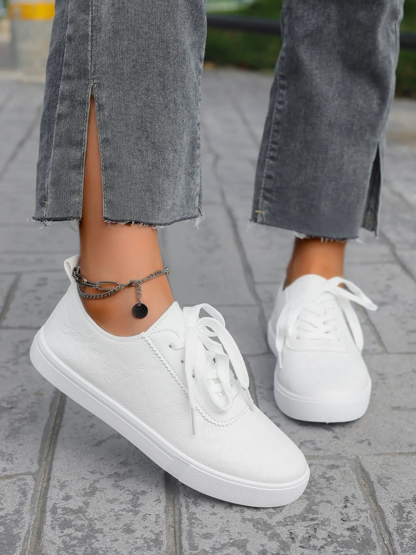 Women's Classic Solid Color Embossed Breathable Sneakers, Flat Laces Anti-Slip Casual Board Shoes, Comfortable Soft Sole Walking Shoes