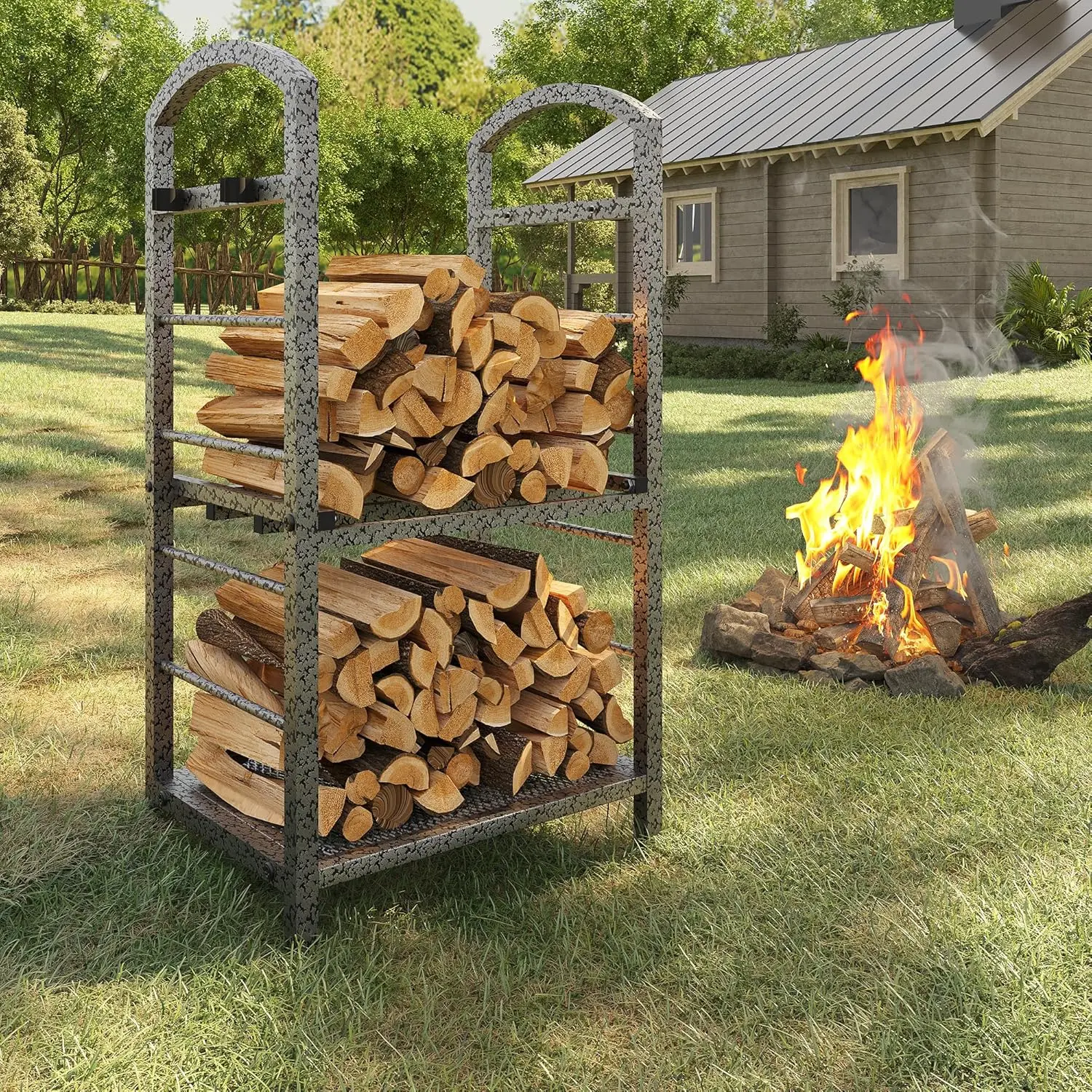Gaomon 30 Inch Firewood Rack Outdoor Indoor, High Outdoor Wood Racks for Firewood, Fire Wood Storage with Kindling Hooks, Large Metal Fireplace Log Rack Storage Carrier Organizer, Sliver