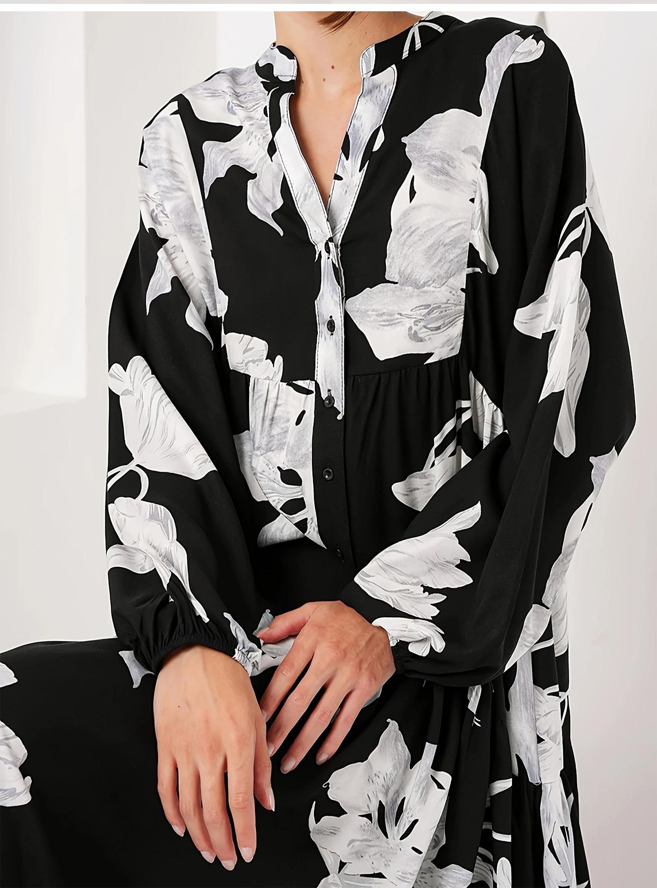 Arab Muslim Middle East Black Dress Elegant Temperament Noble Robe Flower Printed Long Shirt French