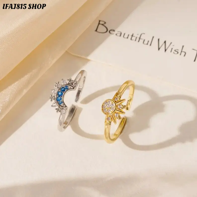 Sun Moon Rings for Women, Celestial Stackable Ring Set, Sparkling Blue Moon & Golden Sun Promise Rings, Trendy Friendship Love Jewelry, Fashion Rings for Daily Wear, Parties & Date Nights