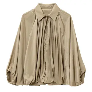 Womens Puffed Bomber Jacket Casual Batwing Sleeve Lapel Collar Zip Shirts Oversized Pleated Streetwear Jackets