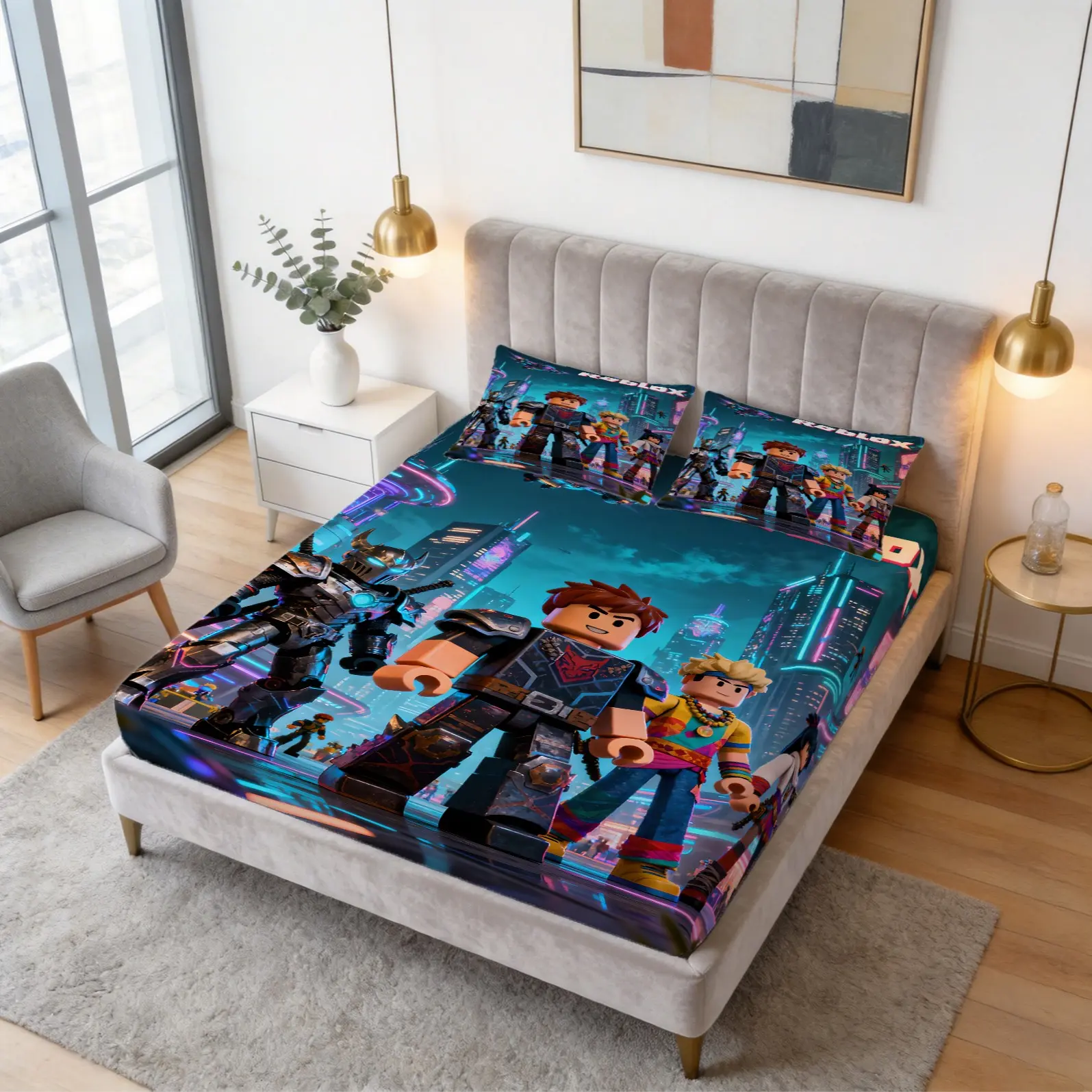 Roblox Printed Pattern Bed Sheet Set, Cartoon Character Pattern, 1 Bed Sheet With 2 Pillowcases (Excluding Pillow Core), Suitable For Bedrooms, Dormitories, And Guest Rooms, Suitable As Gifts And Decorations