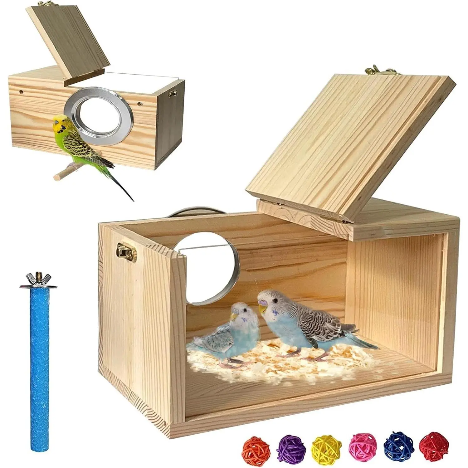 Transparent Wooden Parrot Nesting Box with Perch – Natural Bird Breeding House for Cage, Suitable for Lovebirds, Cockatiels, Canaries, ParakeetsGift