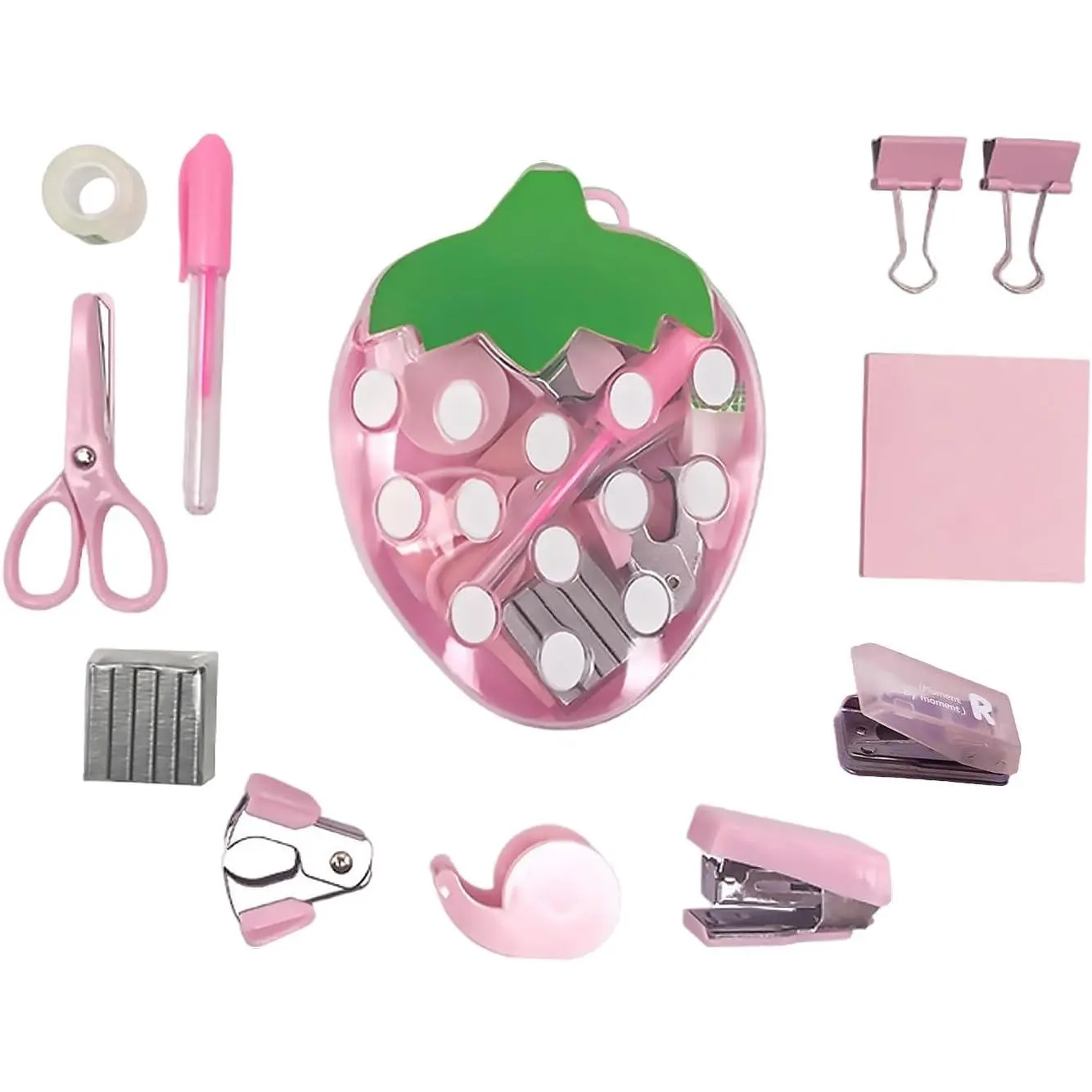 Strawberry Mini Office  Kit Mini School Supplies Include Mini Stapler, , Staple Remover, Hole Punch, Tape Dispenser, Sticky Notes, Pen