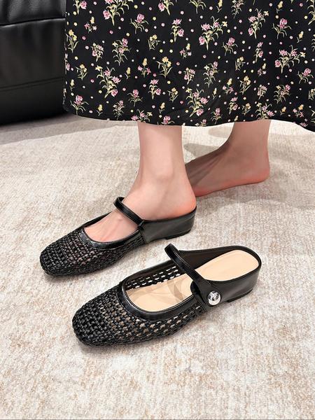 Women's Square Toe Woven Hollow Out Casual Flat Shoes, PU Leather Upper, Rubber Sole, Medium Width, All Season Fashion Sneakers