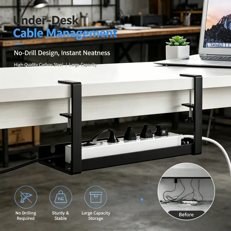 Clamp-On No Drill Under Desk Cable Management Organizer Sturdy Stable Carbon Steel Wire Storage Tray For Workstation Cable Organizers