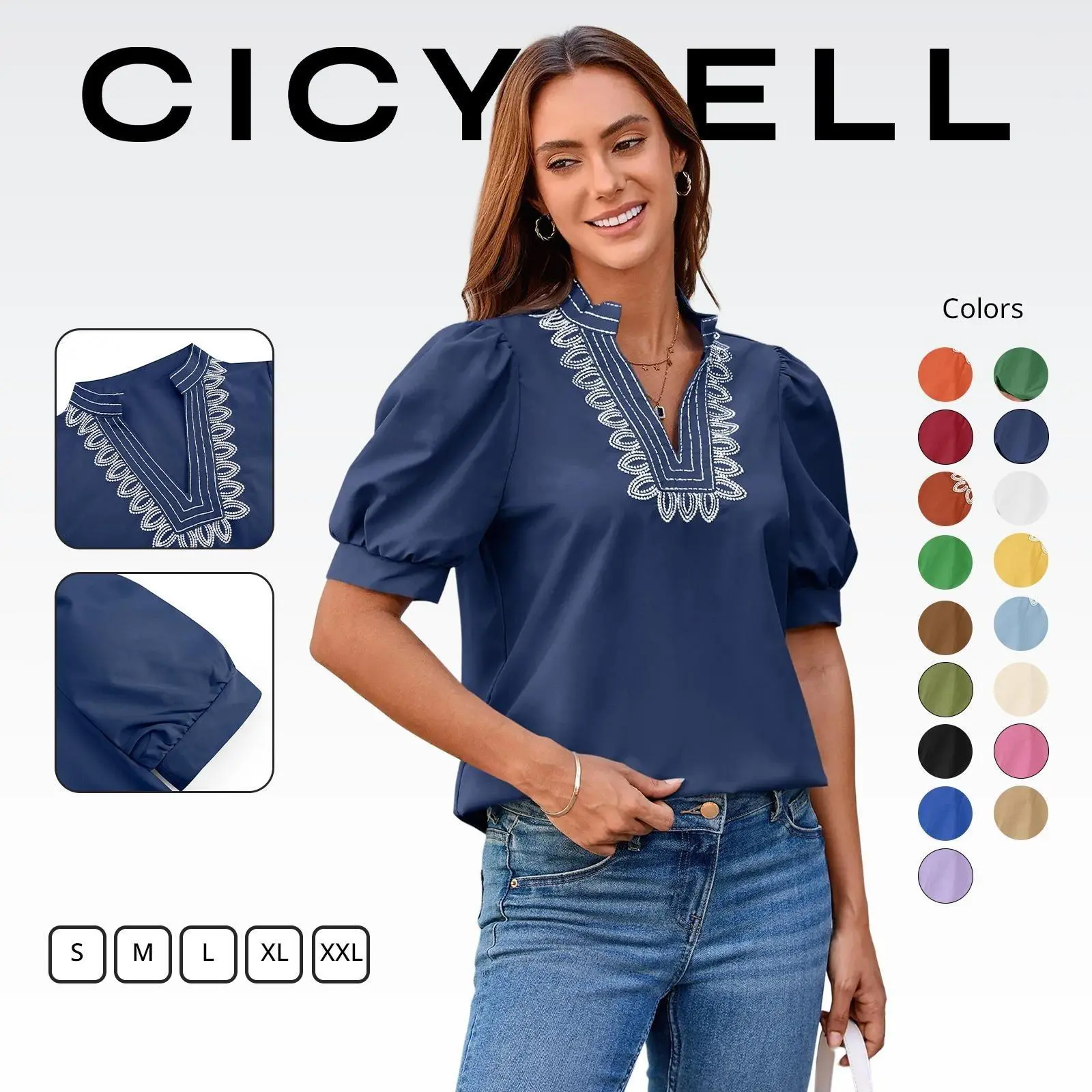 Cicy Bell Women's Puff Short Sleeve Blouse Summer Casual Embroidered V Neck Notched Neckline Fitted Tee Shirts Breathable Womenswear