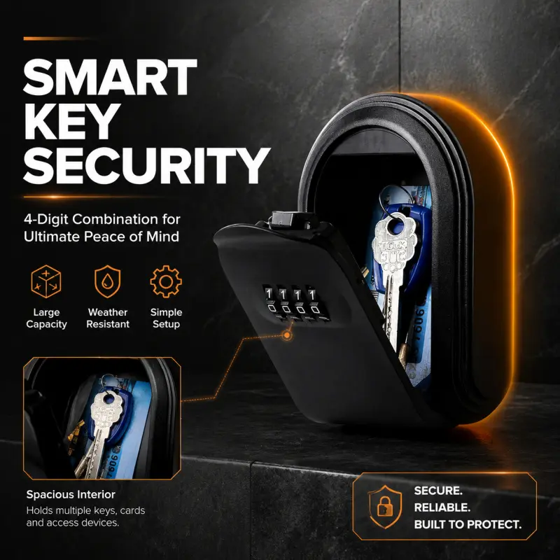 4-Digit Combination Number Lock Key Lock Box, Weather Resistant & Large Capacity, Secure Anti Theft Lockable Outdoor Key Storage for Home, Airbnb, and Property Access, Keep Keys Safe & Handy
