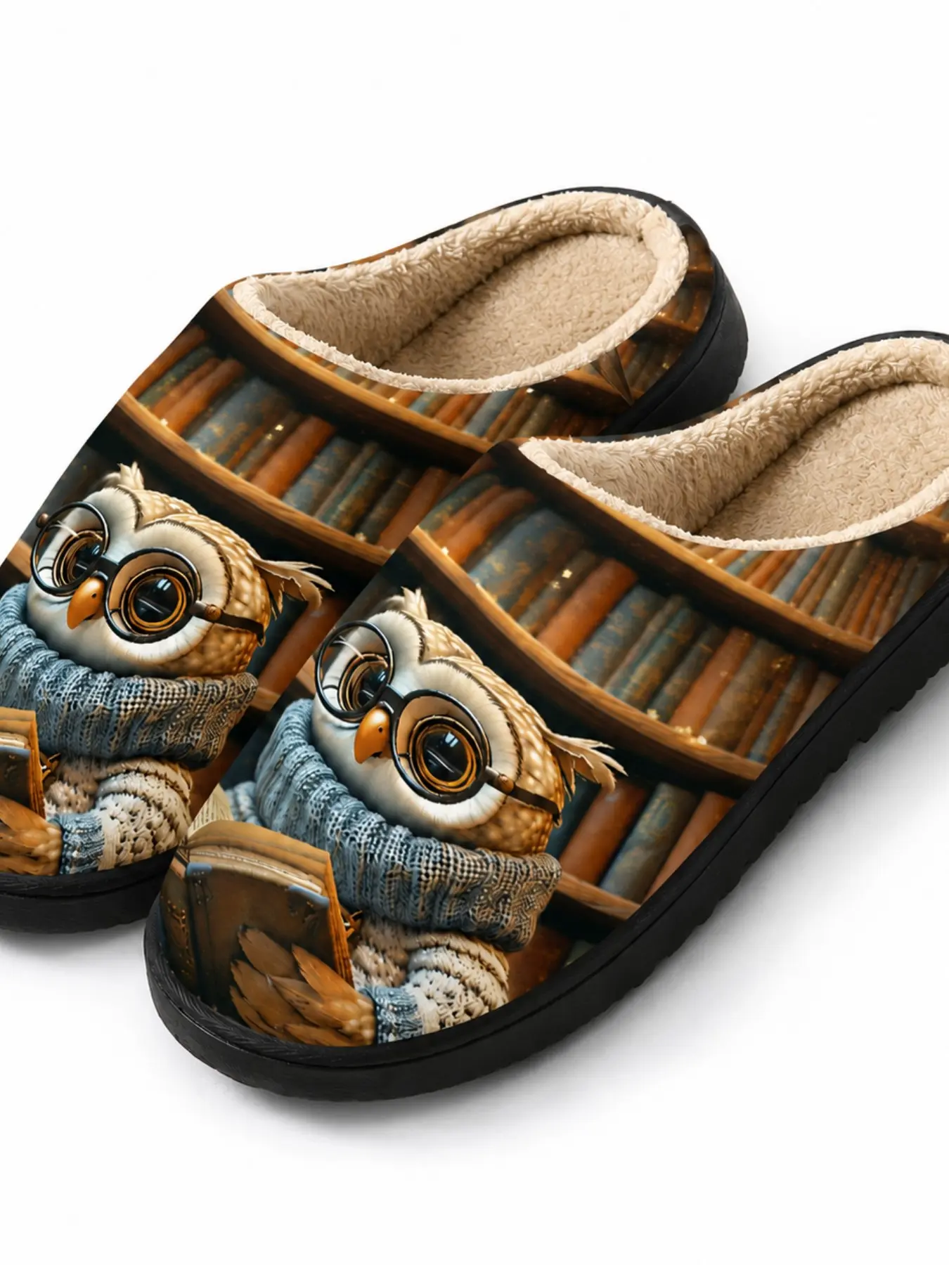 Owl and Book Pattern Women's Slippers, Casual Comfortable Home Footwear, Soft Fabric Eva Sole, Fall & Winter Indoor Use