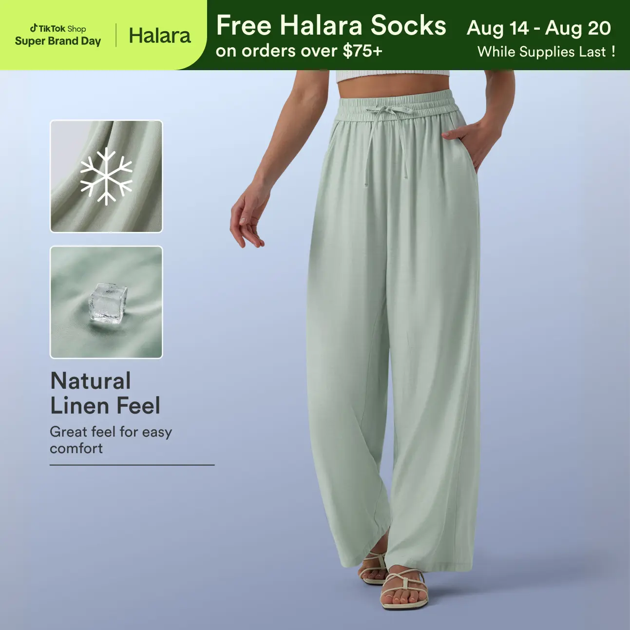【Creator’s Pick】Halara High Waisted Drawstring Wide Leg Casual Linen-Blend Pants with Pockets