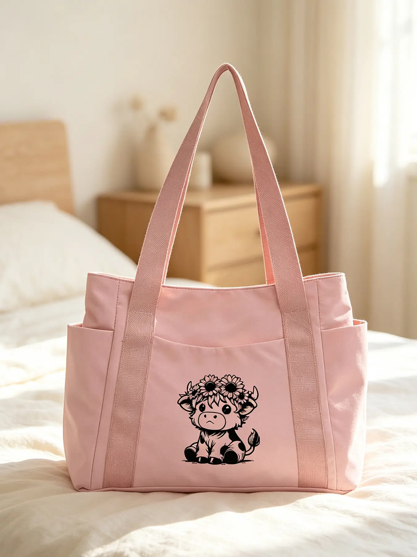 Highland cow print tote commuter bag, large-capacity travel storage bag with multiple compartments. Equipped with adjustable strap for crossbody and hand carry, also works as gym bag. All-in-one bag for daily work, short trips and moms with kids.