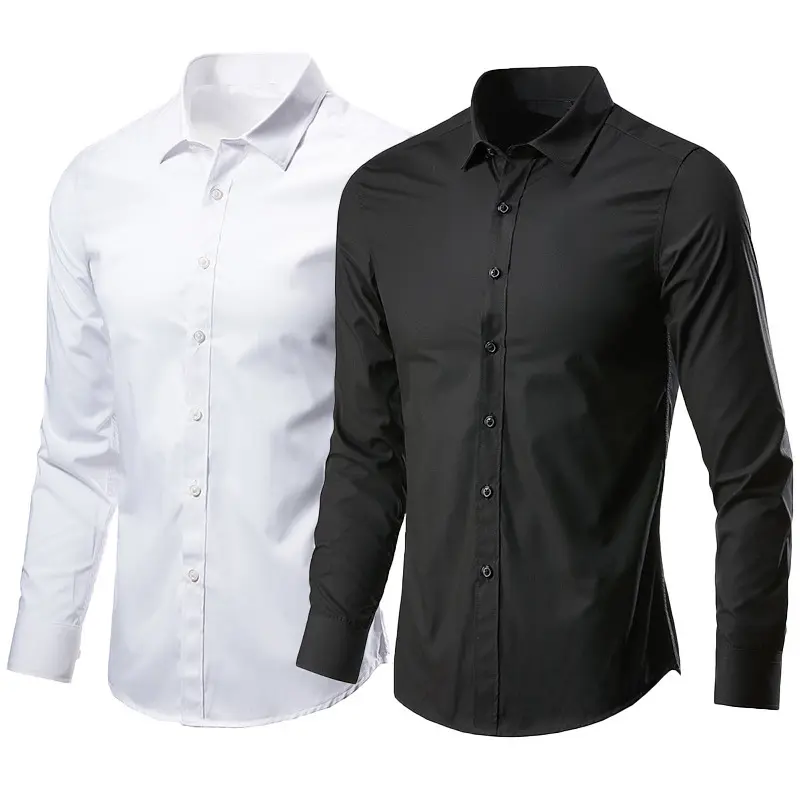 Men's White Korean Slim-Fit Non-Iron Long Sleeve Plain Knot Formal Shirt, Menswear Casual Apparel Longsleeves for Business Office, Casual Fitted Shirt