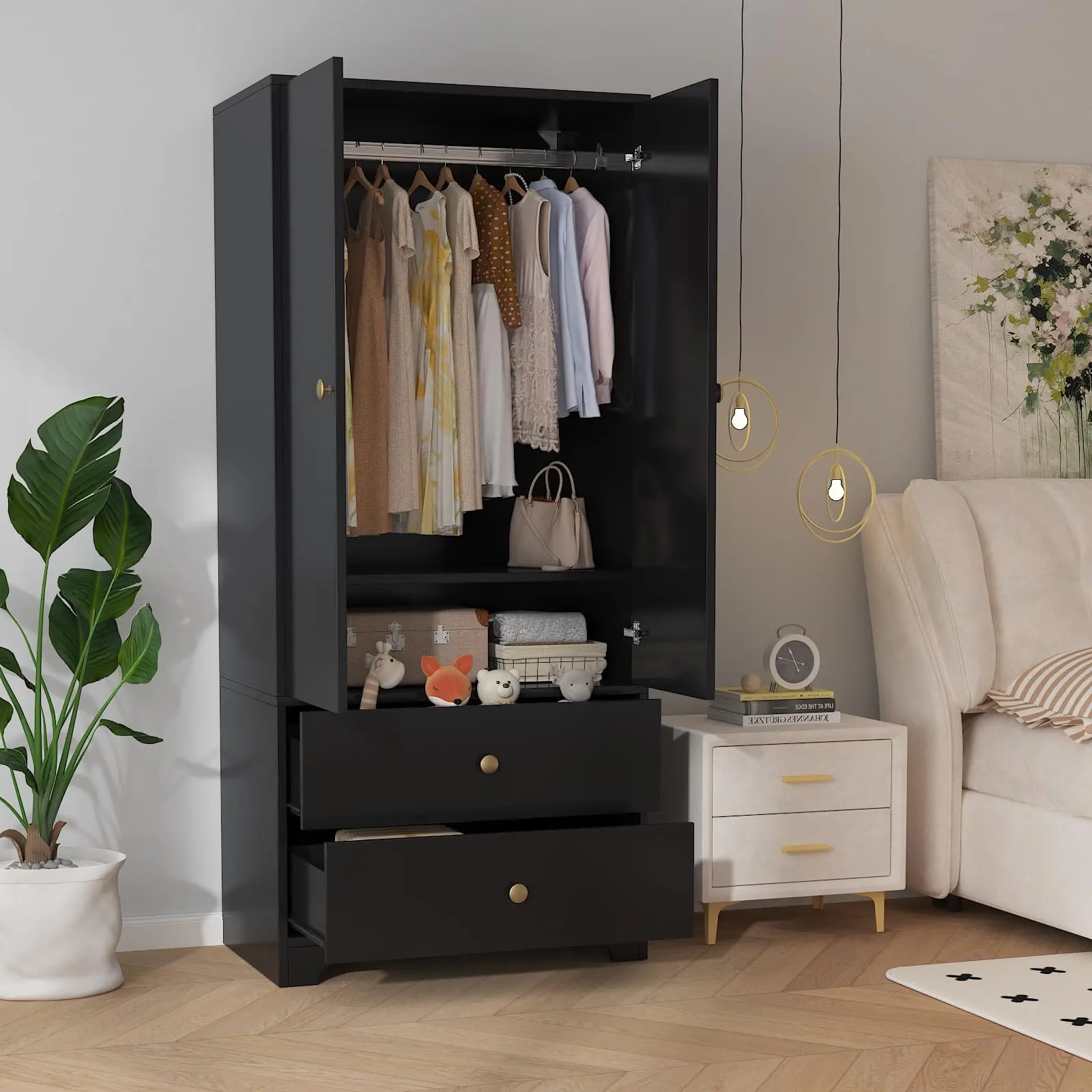 71" Armoire Wardrobe Closet – Modern Wooden Bedroom Armoire with 2 Drawers, 2 Doors & Adjustable Shelves, Clothing Storage Cabinet with Aluminum Hanging Rod