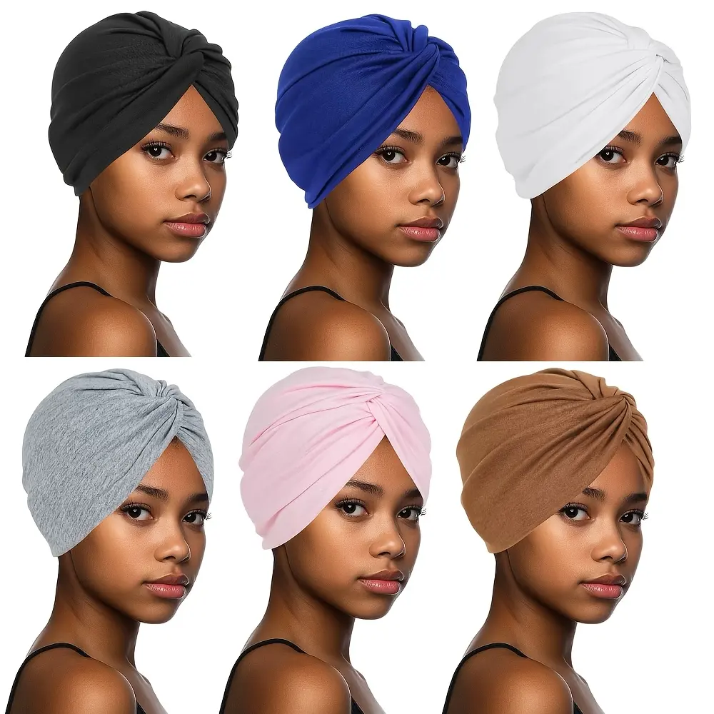 6pcs Turbans for Women Soft Pre-Tied Knot Pleated African Head Wraps Cancer Turban Cap Chemo Headwrap Head Wear