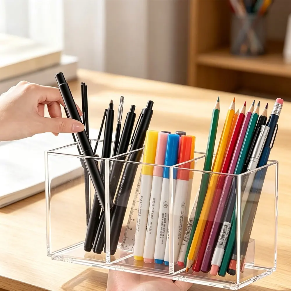 2/4pcs Multifunctional 3-Compartment Transparent Desk Organizer, Durable Waterproof Plastic Pen Holder, Home Office Travel Essential, Pen Pencil Holder