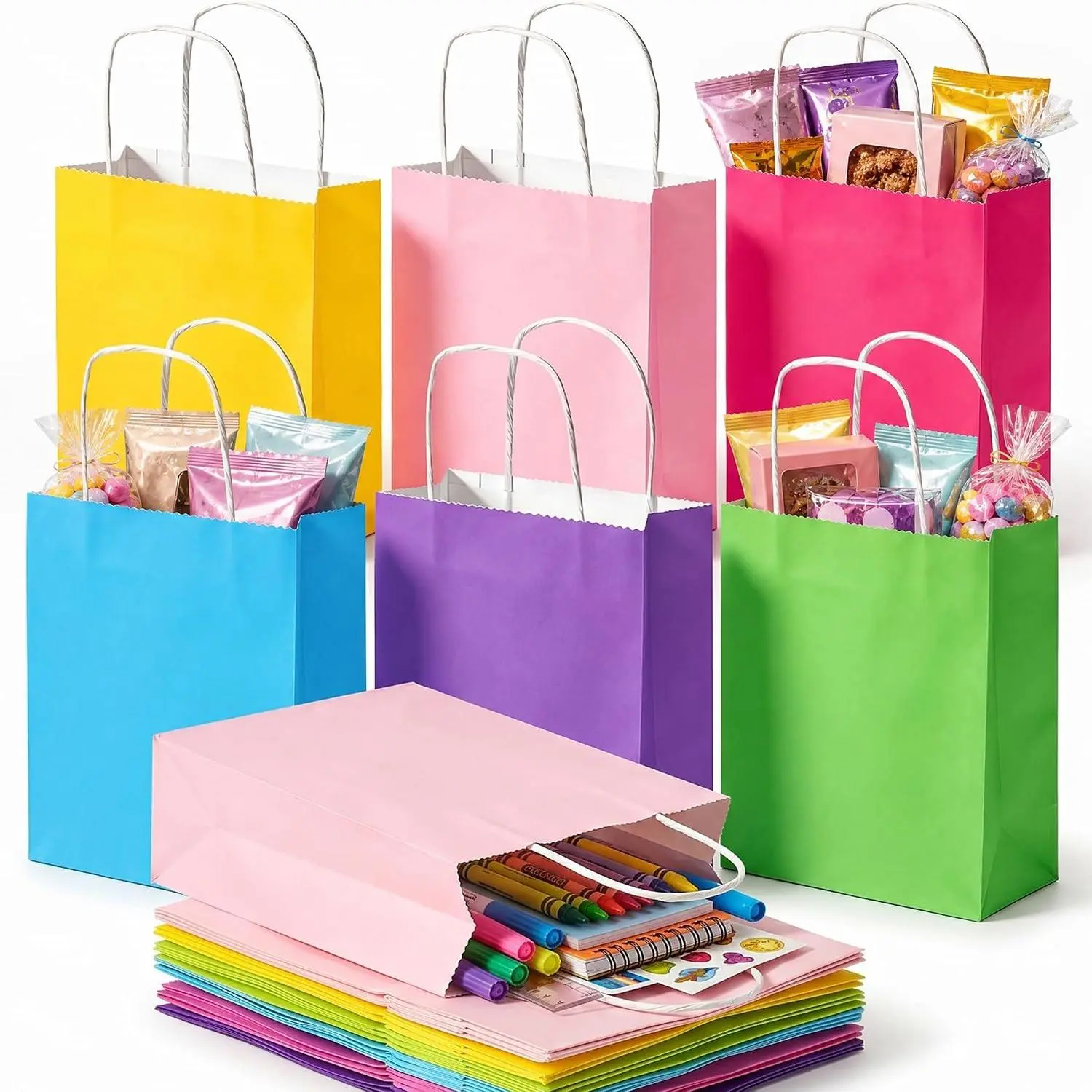 18 count Small  Bags with Handles, 5.9x3.1x8.3 Inch Goodie Bags 6 Colors for Birthdays, Weddings, Classrooms Party Favors
