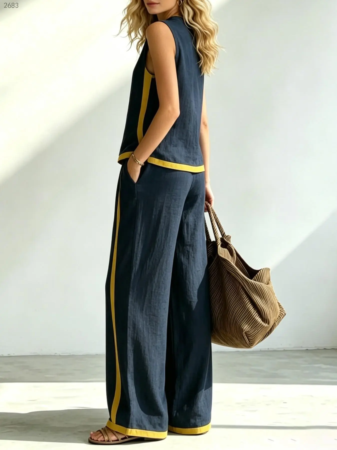 D2683 Comfy Summer Boho Matching Tank Top and Pants Set, Patchwork Sleeveless Top, Breathable Wide Leg Pants, Casual Beach for Women.